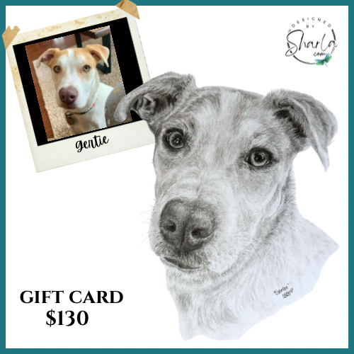 Gift card of a realistic graphite drawing of a dog and a reference photo for comparison
