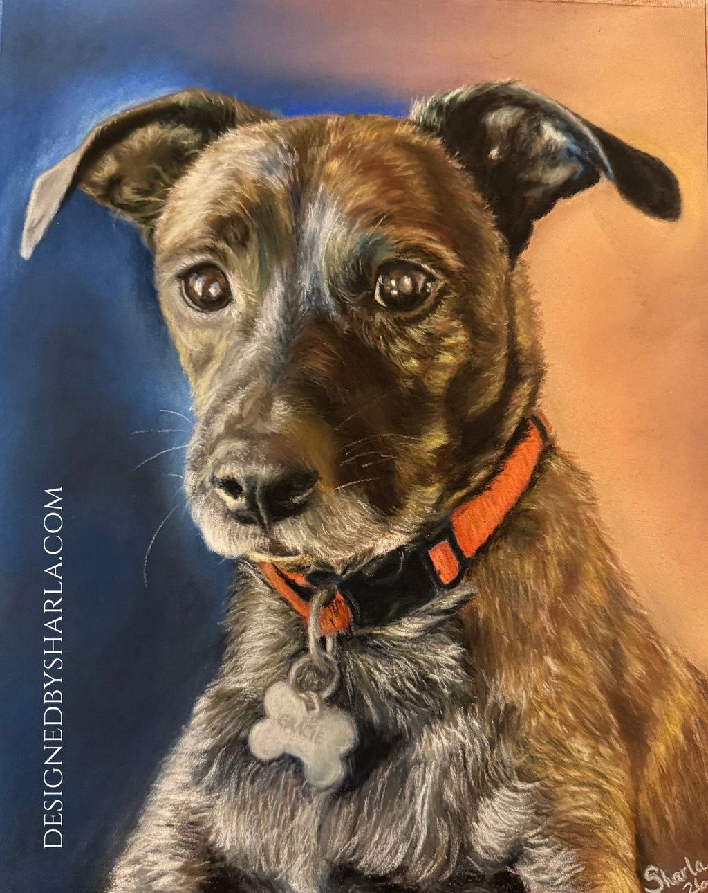 Detailed painting of a dog named Gracie with an orange collar on a gradient background